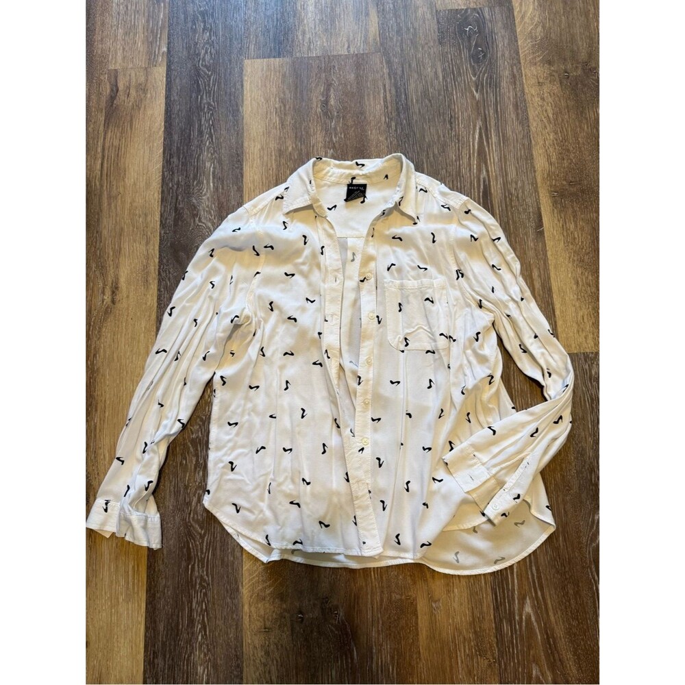 George White Black Abstract Print Button Front Blouse Rayon Shirt Medium